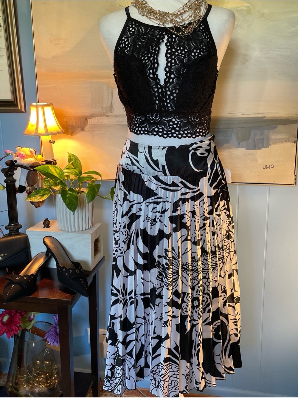 Cato Black & White Floral Pleated Midi Skirt